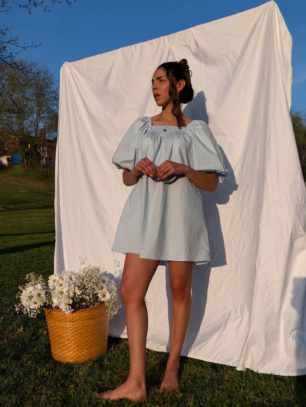 Vine & Love Light Blue Puff Sleeve Mini Dress